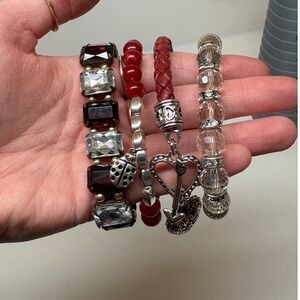Red Silver Crystal Beaded Bracelet Set 4pc Heart Ladybug Leather